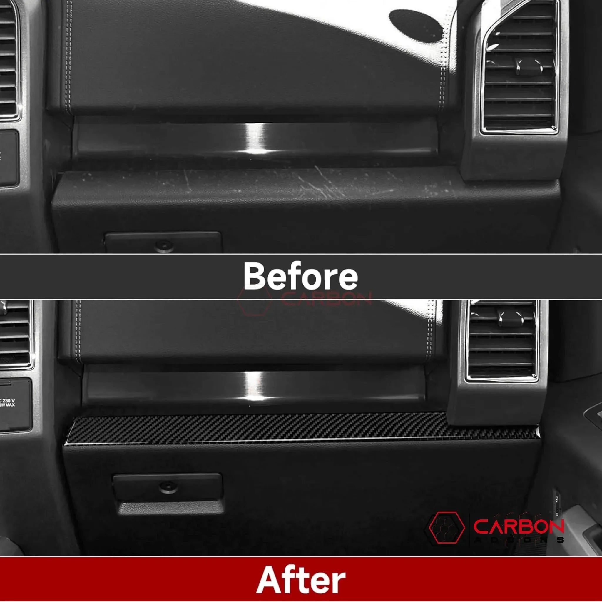 thumbnail interactive-video image 1 of CheroCar Carbon Fiber Dashboard Trim Strips For Ford F-150 2015-2020 - 4-Piece Center Console Interior Cover Kit 1 of 4