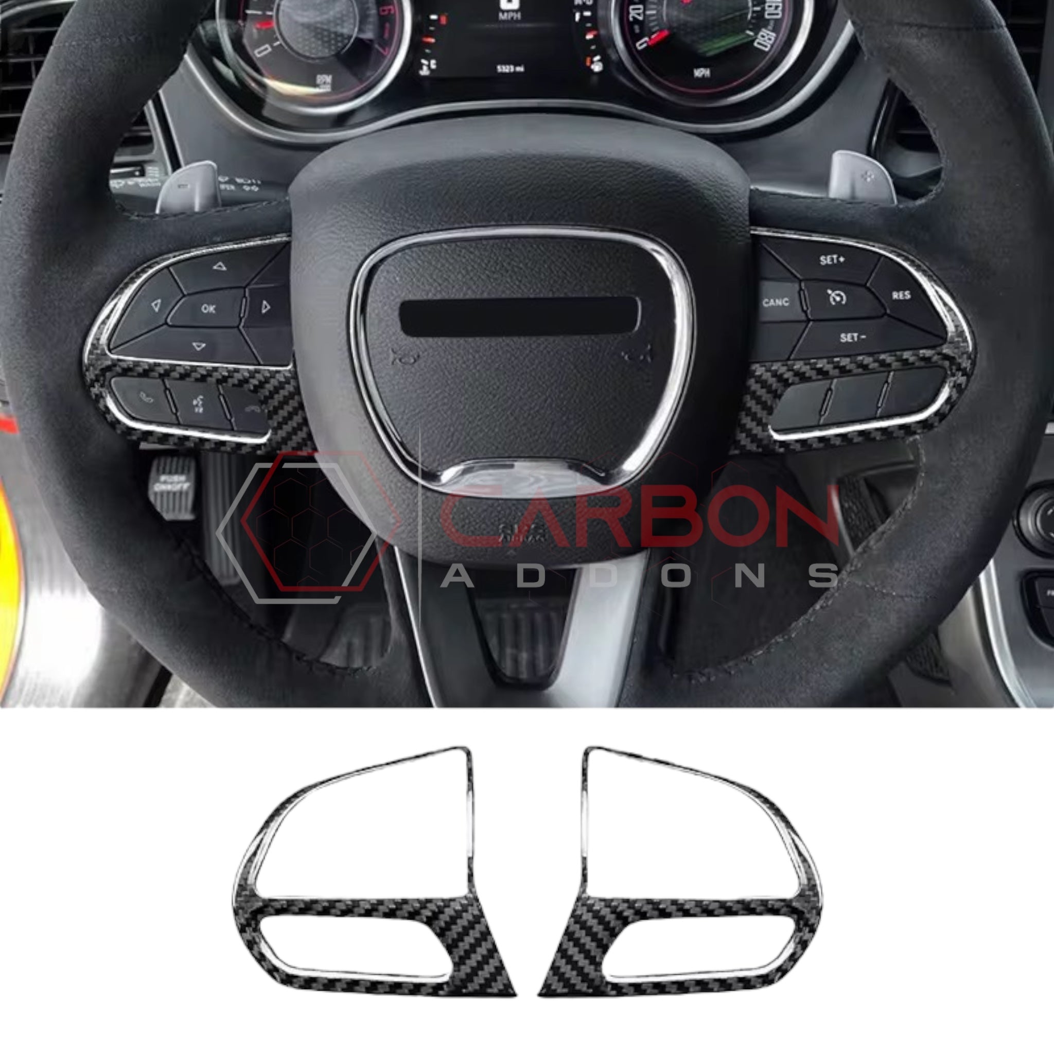 Real Carbon Fiber Steering Wheel Button Trim Covers | 2015-2023 Dodge Charger Challenger Durango