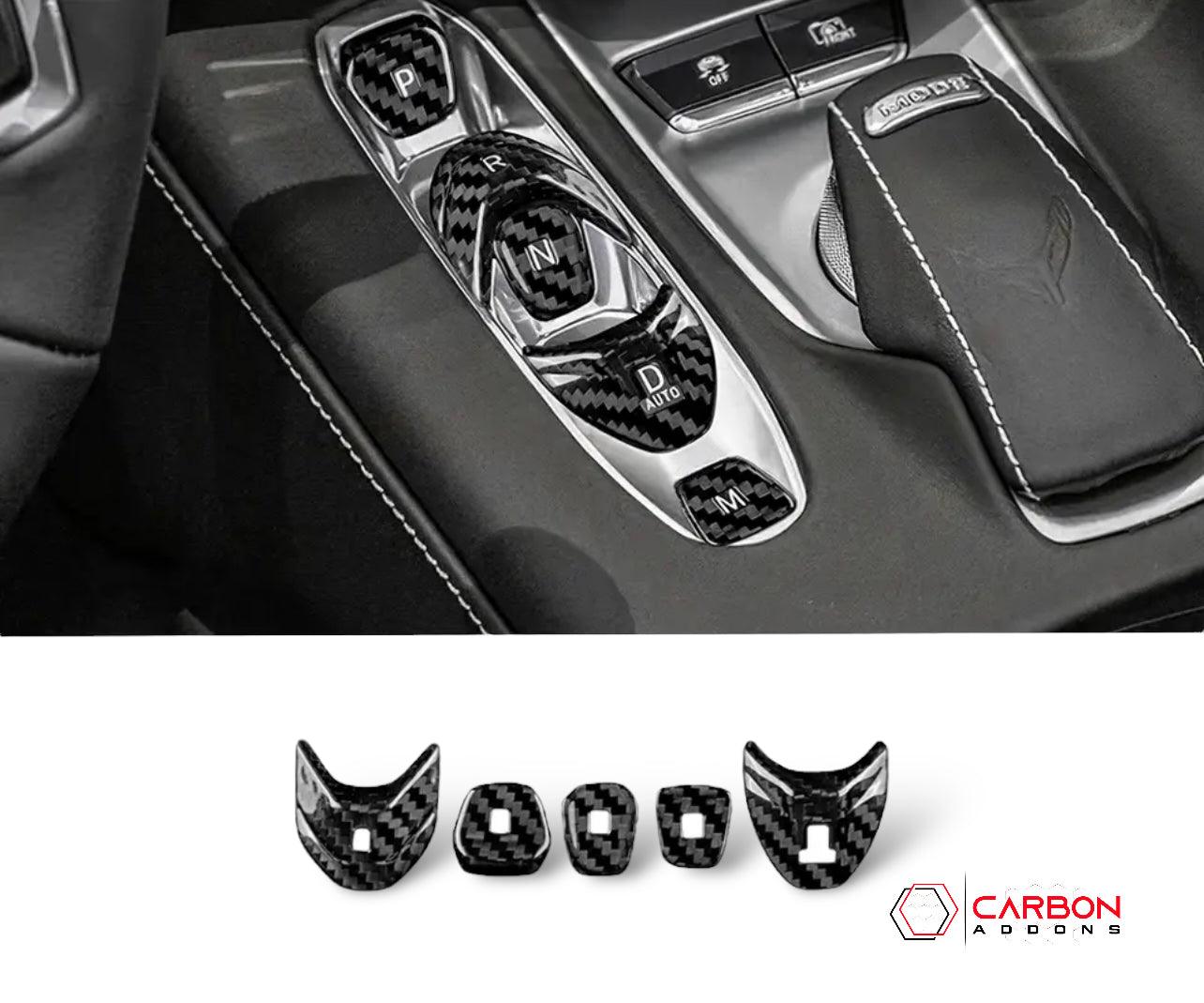 [5pcs] C8 Corvette Carbon Fiber Gear Shift Button Cover - carbonaddons Carbon Fiber Parts, Accessories, Upgrades, Mods