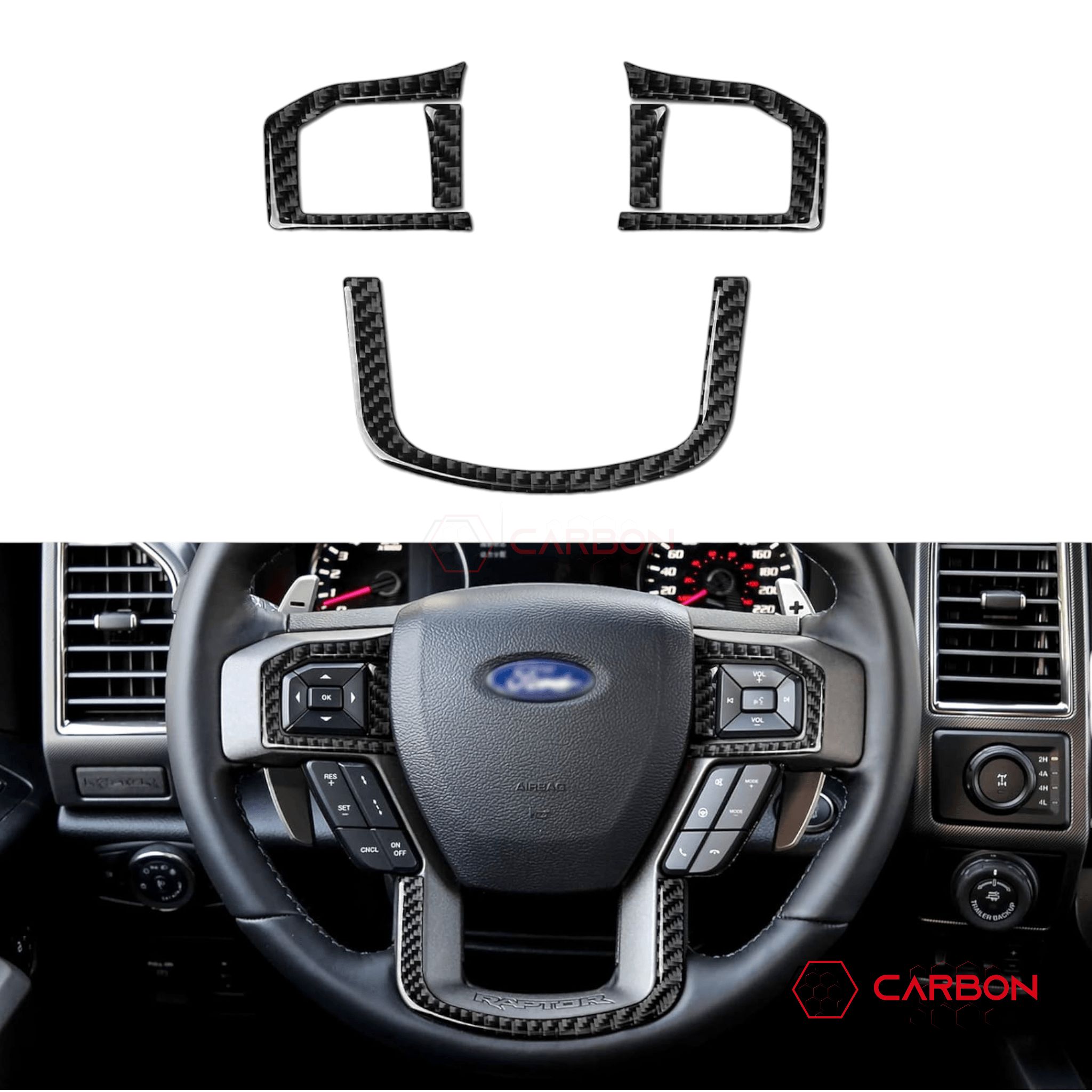 [5pcs] Real Carbon Fiber Steering Wheel Trim Overlay | 2015-2020 Ford F150 - carbonaddons Carbon Fiber Parts, Accessories, Upgrades, Mods