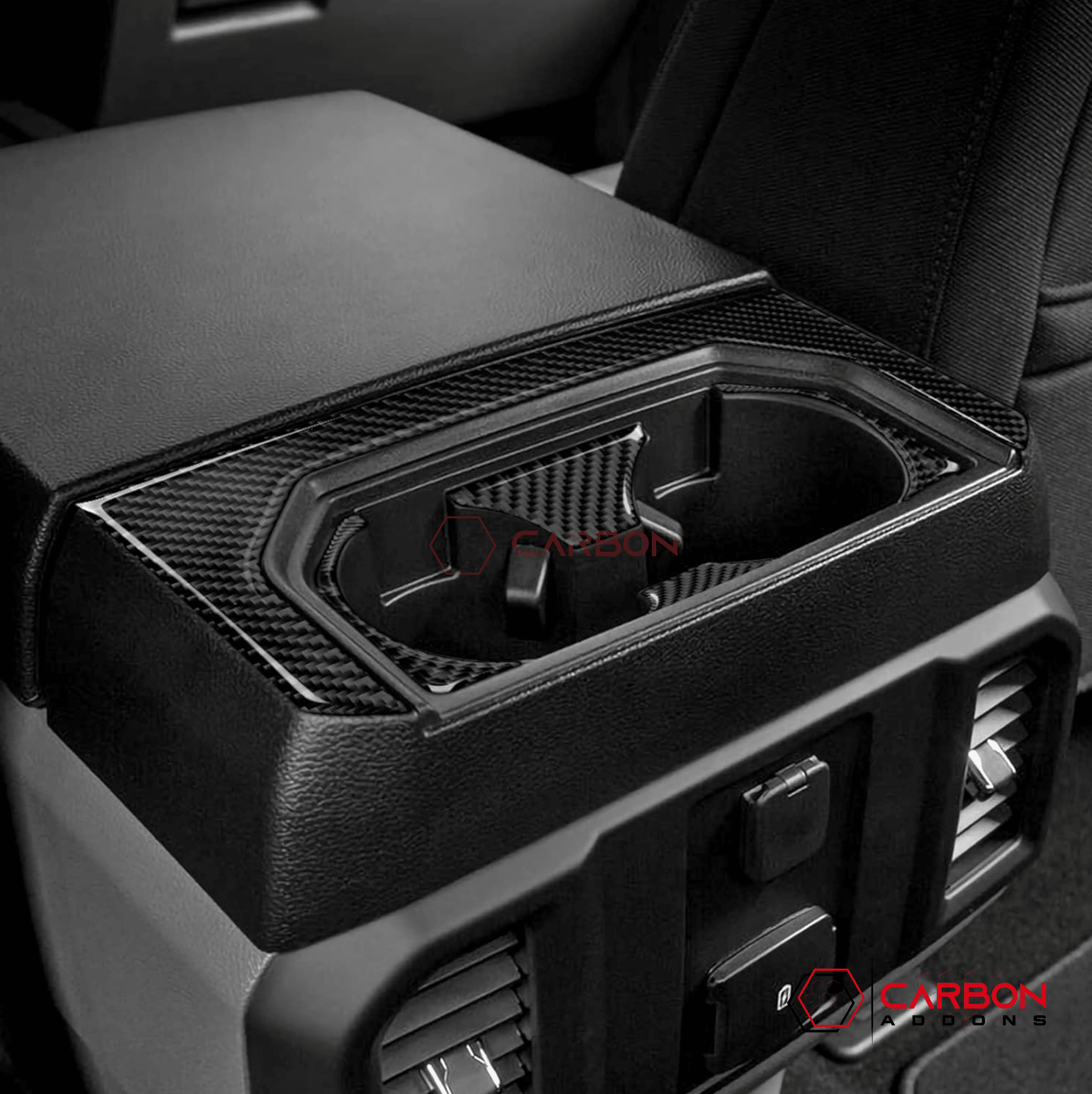 [5pcs] Real Carbon Rear Center Cup Holder Trim Overlay | 2015-2020 Ford F150 - carbonaddons Carbon Fiber Parts, Accessories, Upgrades, Mods