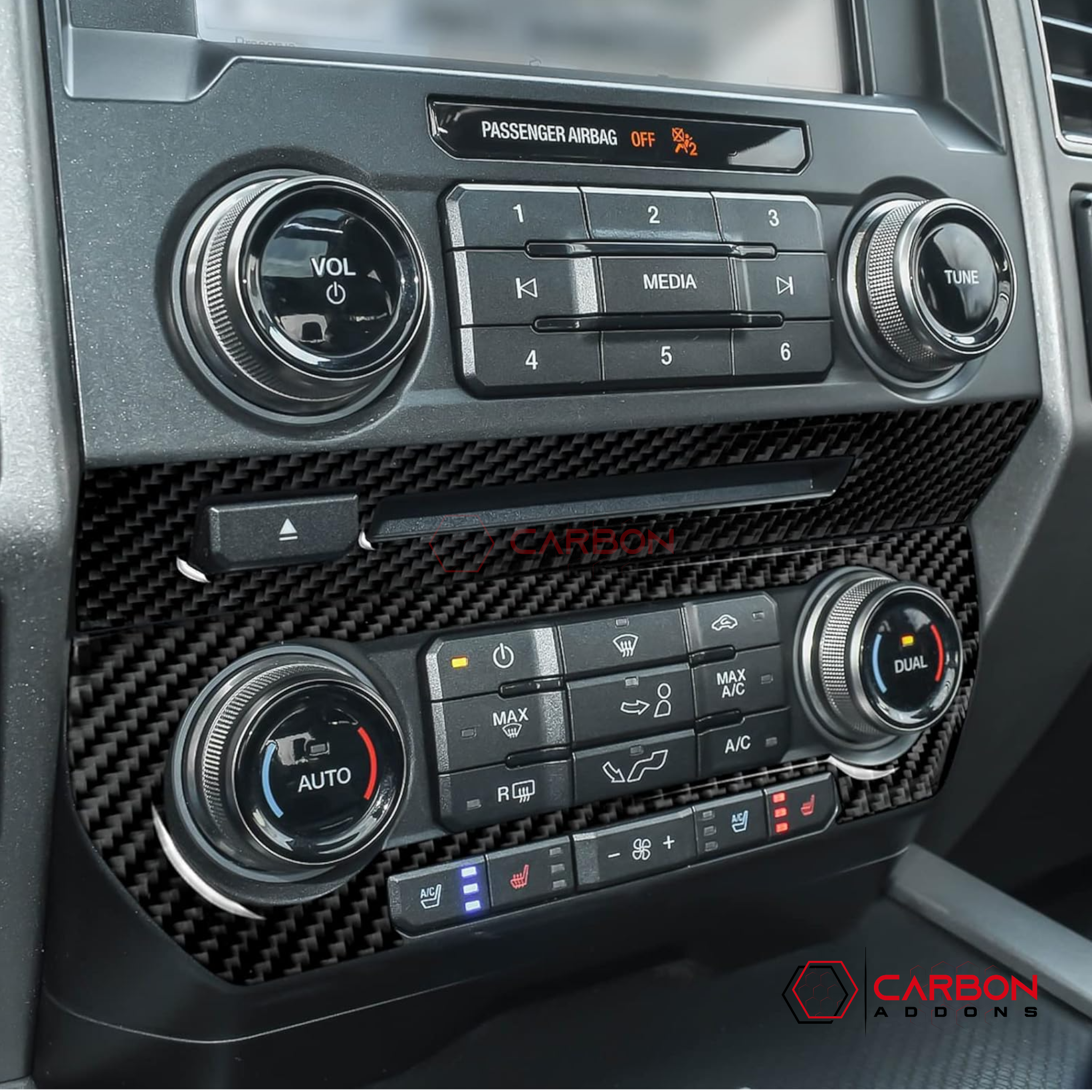 [2pcs] Real Carbon Fiber CD Panel & AC Control Trim Overlay | 2015-2020 Ford F150
