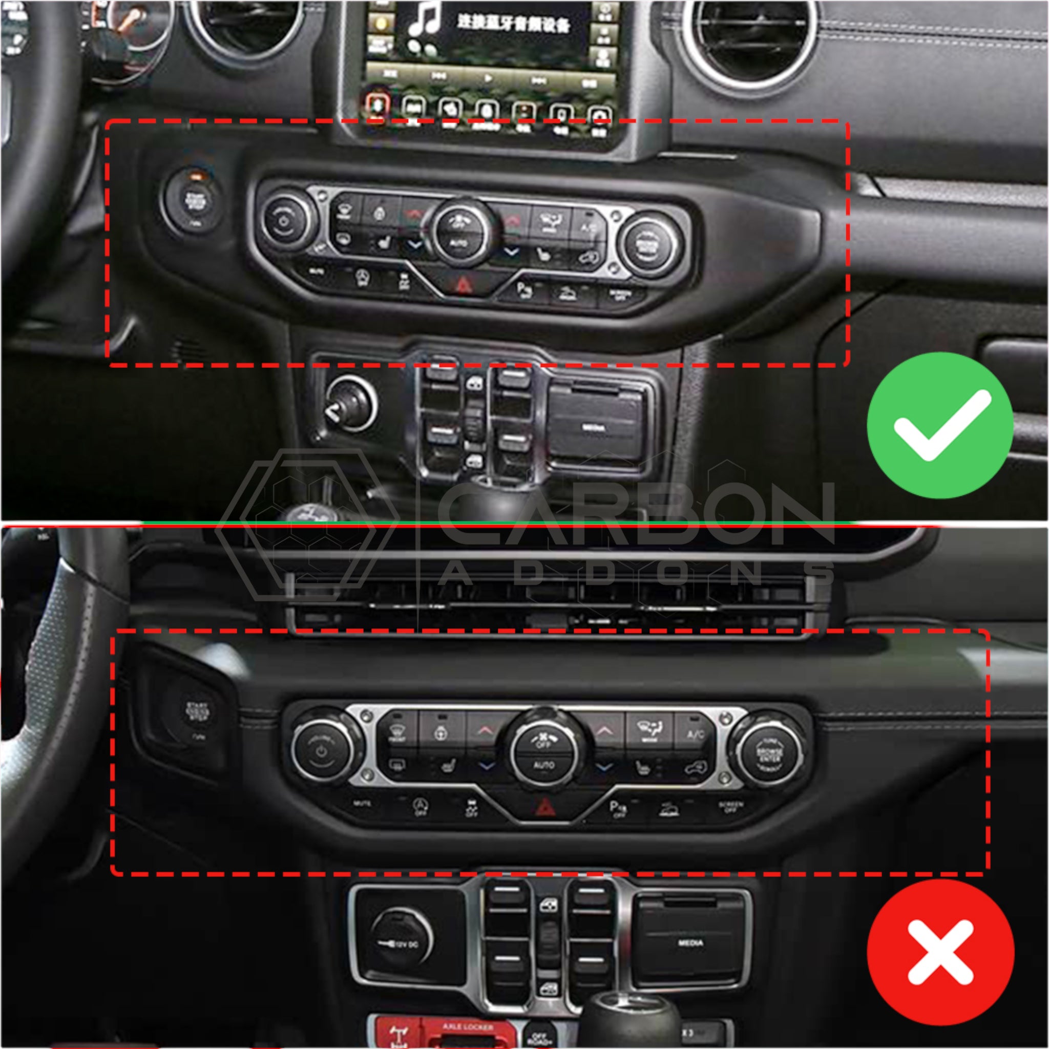 Jeep Gladiator Push Start Button & Radio Control Trim Cover – Real Dry Carbon Fiber (Glossy or Matte) 2020–Current
