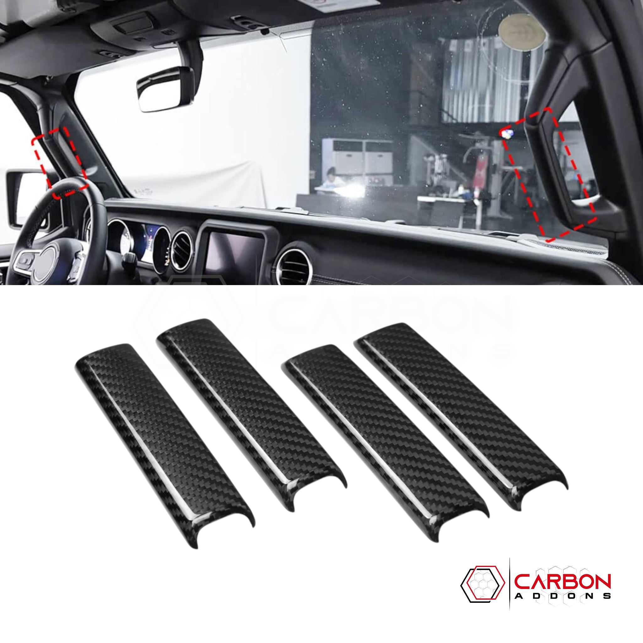 Carbon fiber car interior trim pieces with a car interior background