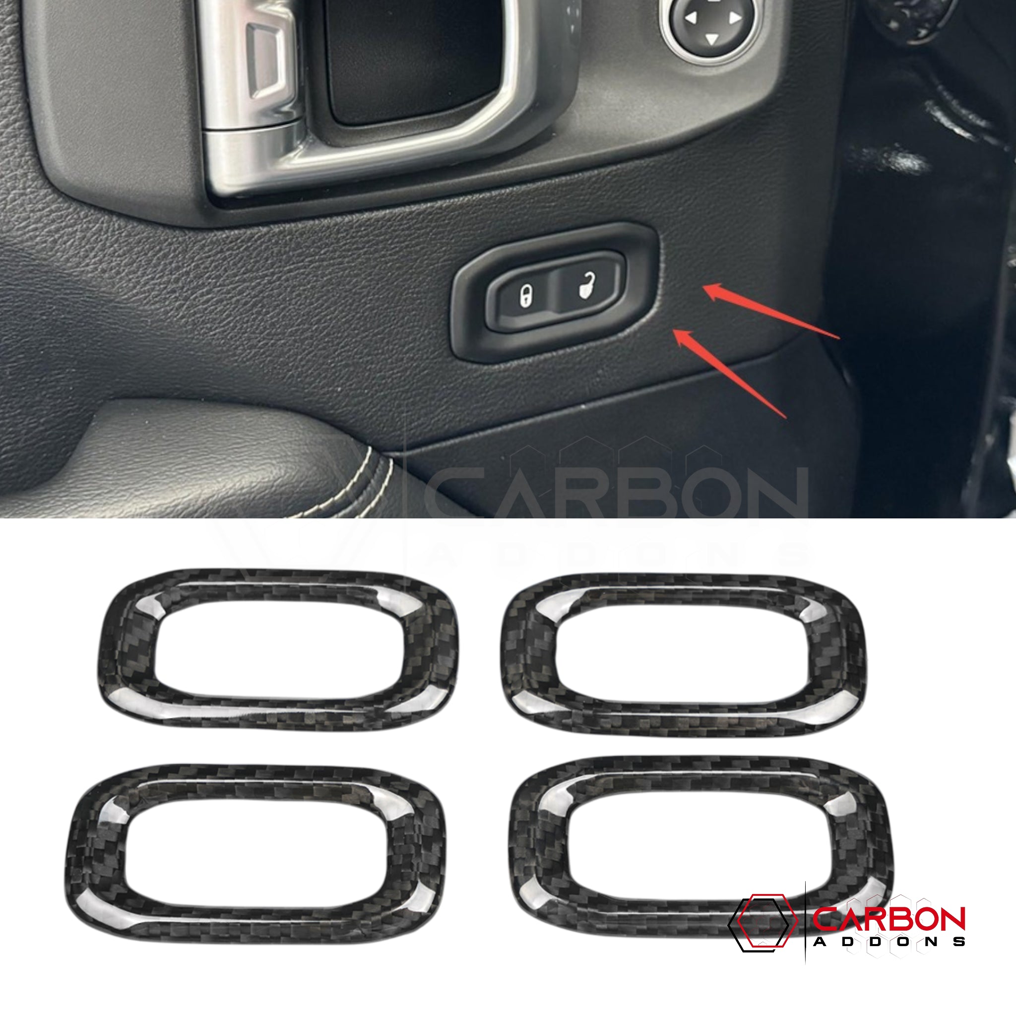 Jeep Gladiator JT & Wrangler JL Door Lock Switch Frame Trim Cover – Real Dry Carbon Fiber (Glossy or Matte) 2020–Current