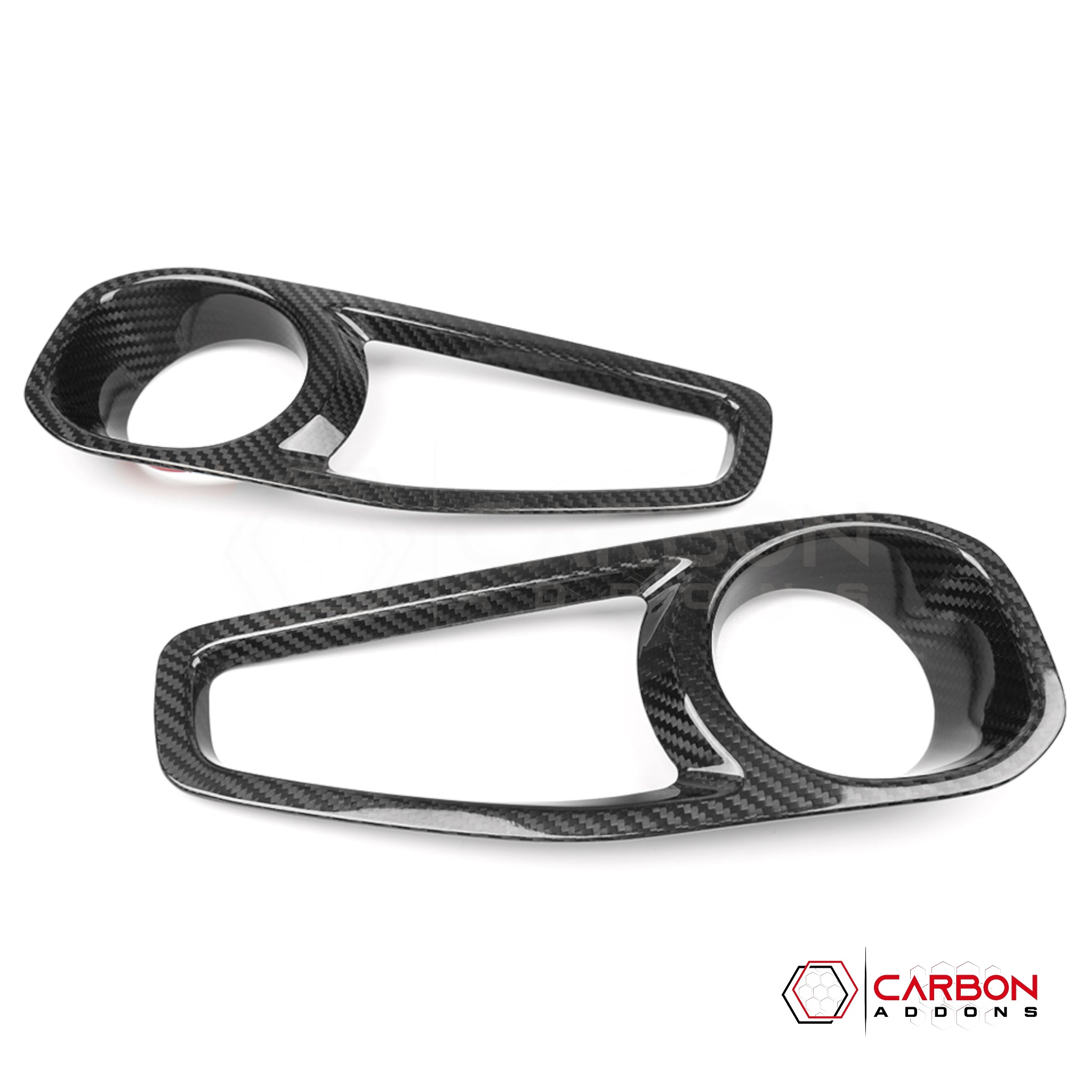 Two carbon fiber car door handles on a white background with 'Carbon Addons' logo.