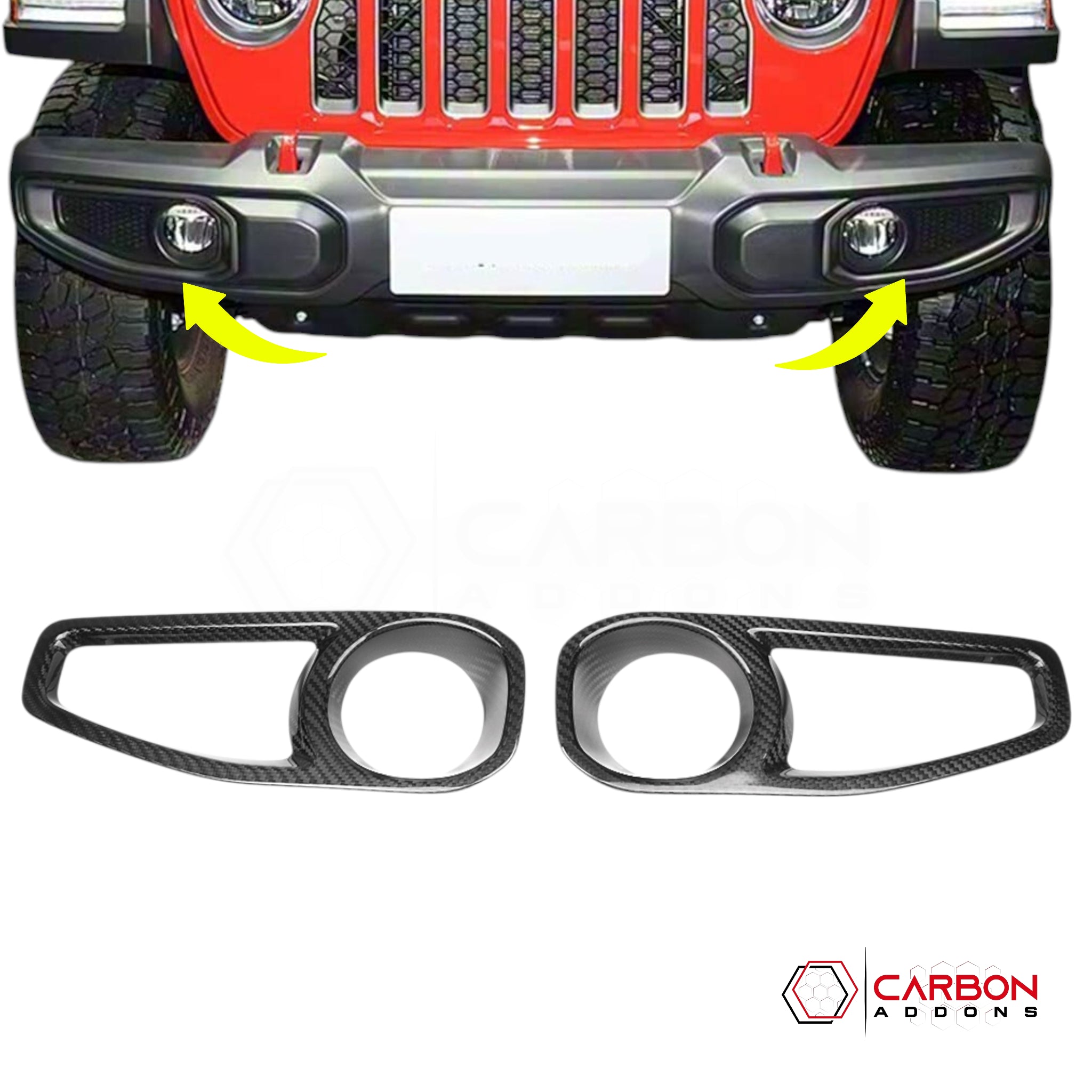 Carbon fiber fog light covers with a Jeep Wrangler in the background