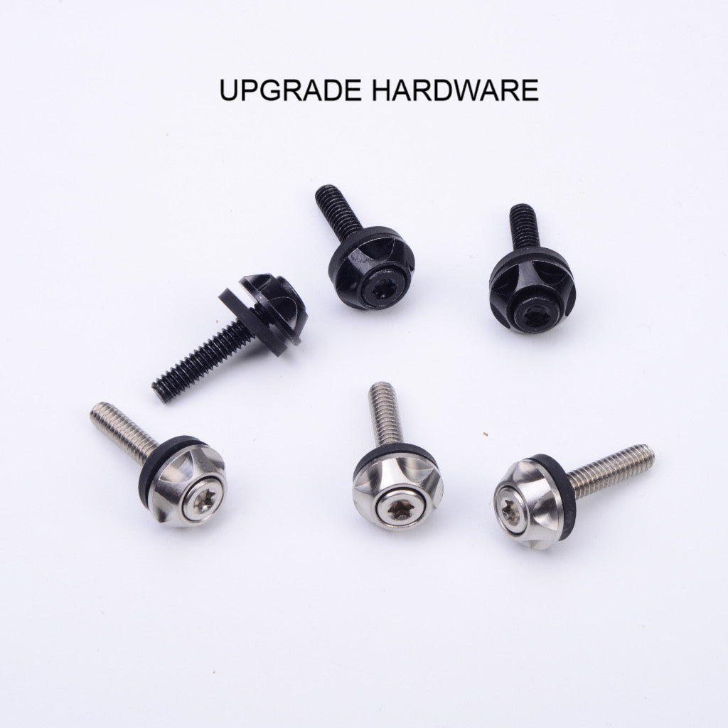 Set of screws with black and silver heads on a white background, labeled 'Upgrade Hardware'.