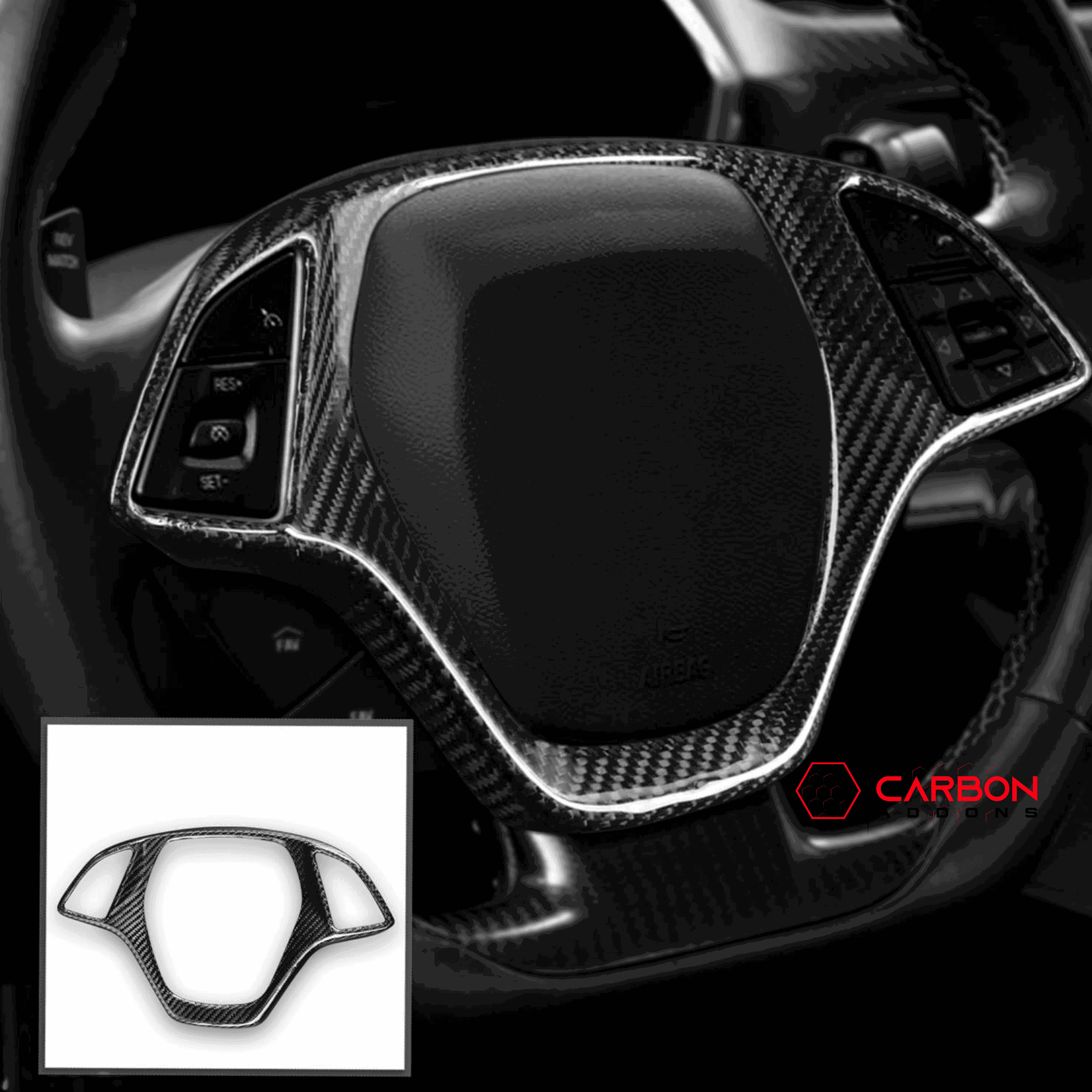 C7 Corvette 2014-2019 Carbon Fiber Steering Wheel Button Trim Cover - carbonaddons Carbon Fiber Parts, Accessories, Upgrades, Mods