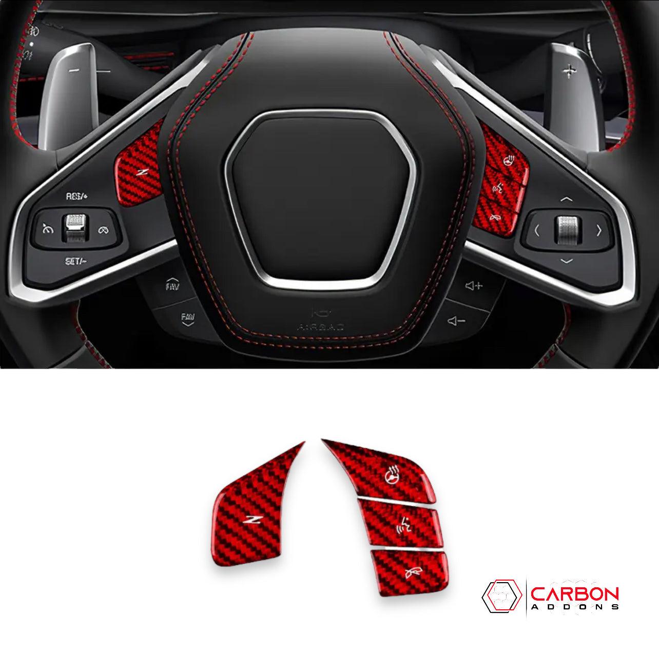 C8 Corvette Carbon Fiber Heated and Non Heated Steering Wheel Button Covers - carbonaddons Carbon Fiber Parts, Accessories, Upgrades, Mods