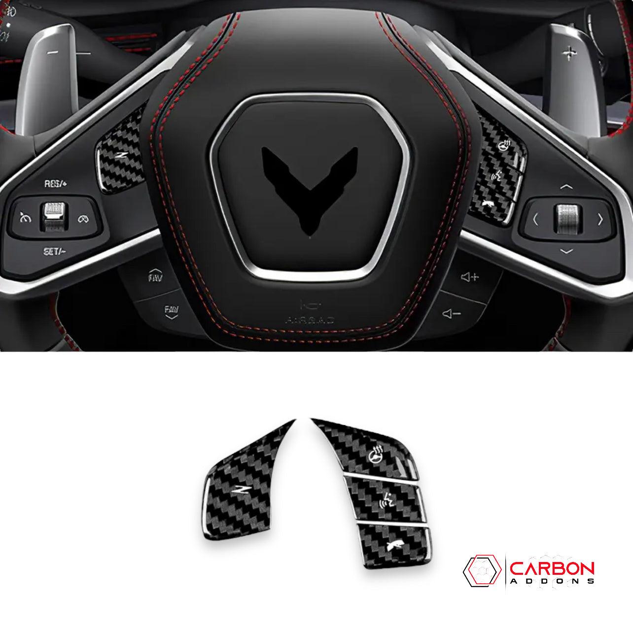 C8 Corvette Carbon Fiber Heated and Non Heated Steering Wheel Button Covers - carbonaddons Carbon Fiber Parts, Accessories, Upgrades, Mods