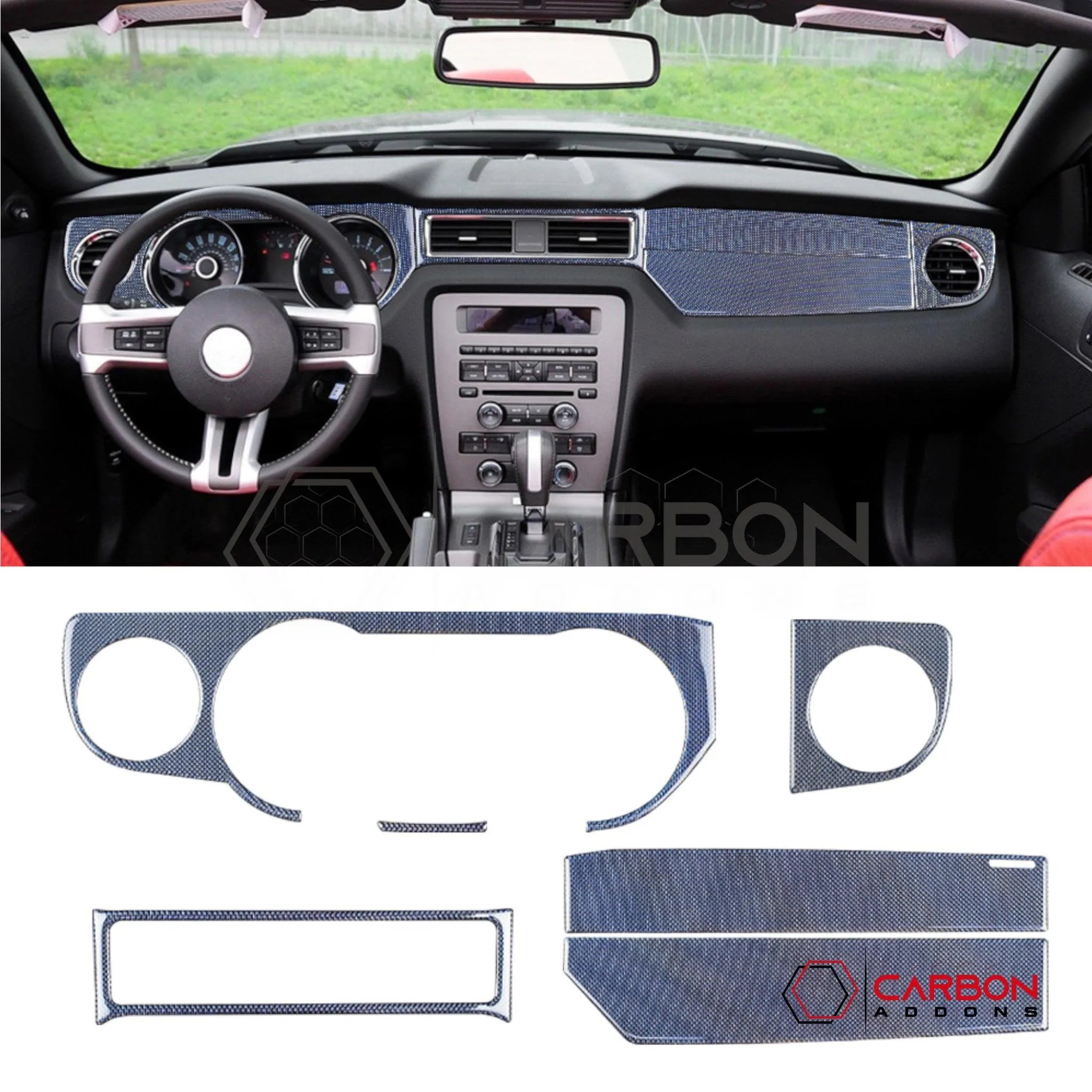 Mustang 2010-2014 Reflective Carbon Fiber Full Dashboard Trim Overlay - carbonaddons Carbon Fiber Parts, Accessories, Upgrades, Mods