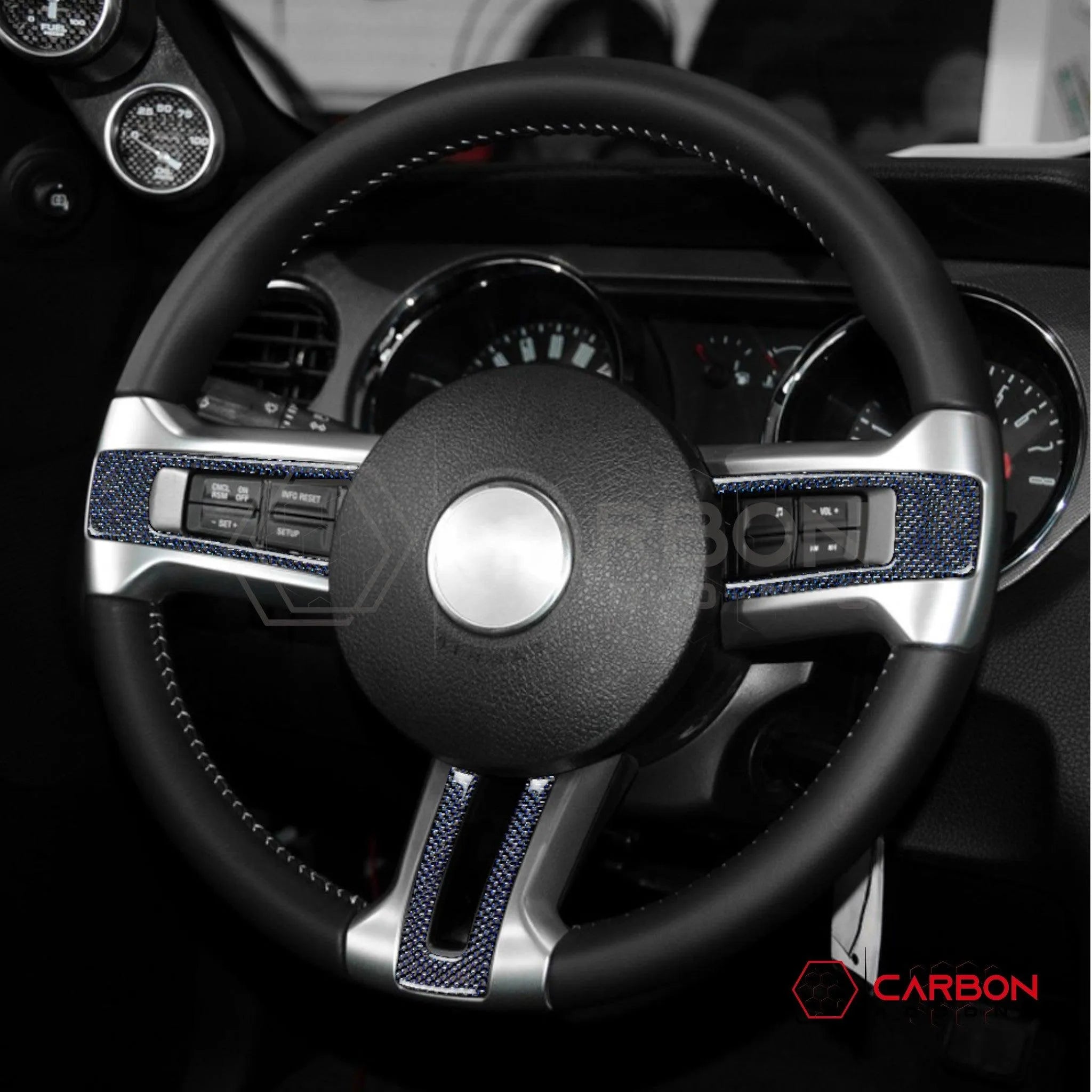 Mustang 2010-2014 Reflective Carbon Fiber Steering Wheel Trim Overlay - carbonaddons Carbon Fiber Parts, Accessories, Upgrades, Mods