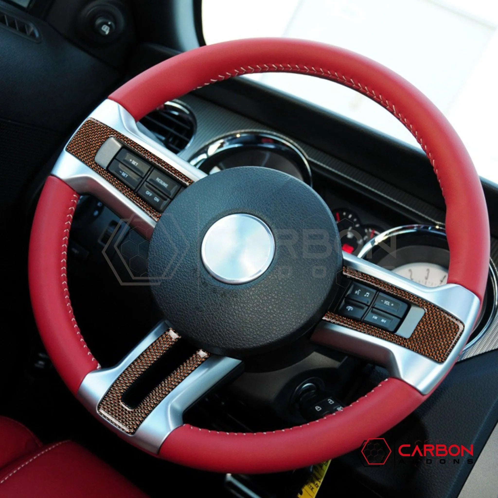 Mustang 2010-2014 Reflective Carbon Fiber Steering Wheel Trim Overlay - carbonaddons Carbon Fiber Parts, Accessories, Upgrades, Mods