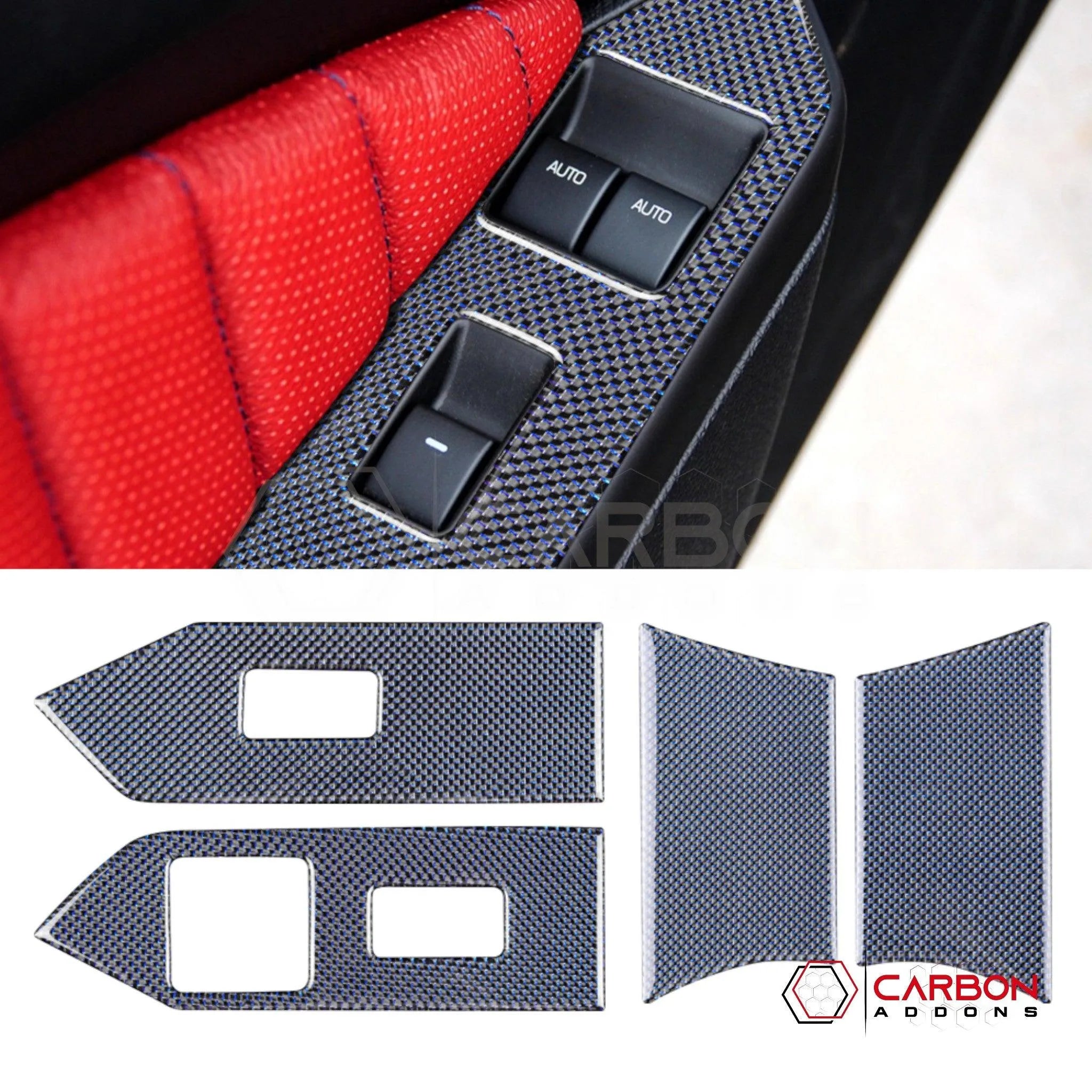 Mustang 2010-2014 Reflective Carbon Fiber Window Switch Trim Overlay - carbonaddons Carbon Fiber Parts, Accessories, Upgrades, Mods