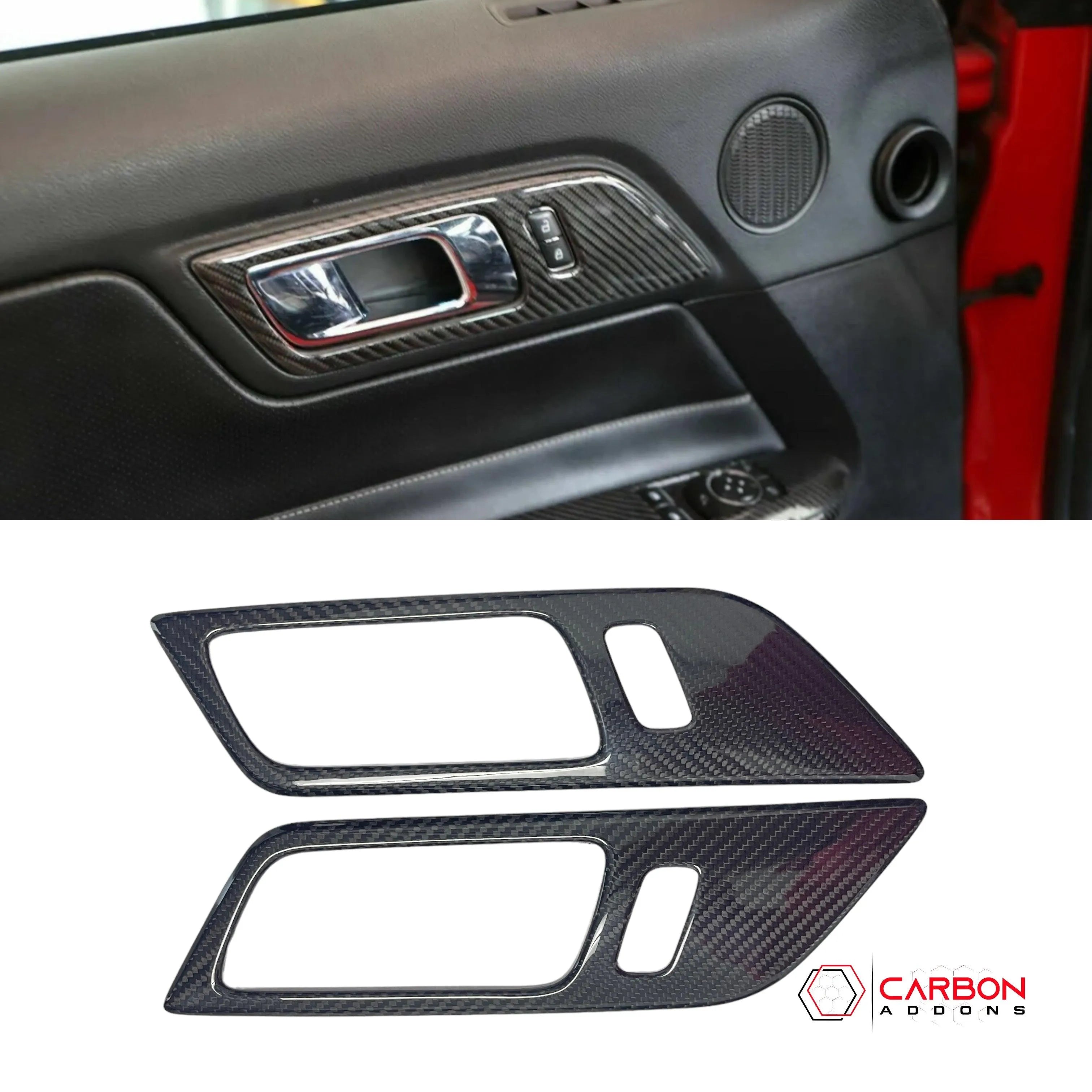 Mustang 2015-2023 Hard Carbon Fiber Interior Door Handle Trim Covers - carbonaddons Carbon Fiber Parts, Accessories, Upgrades, Mods