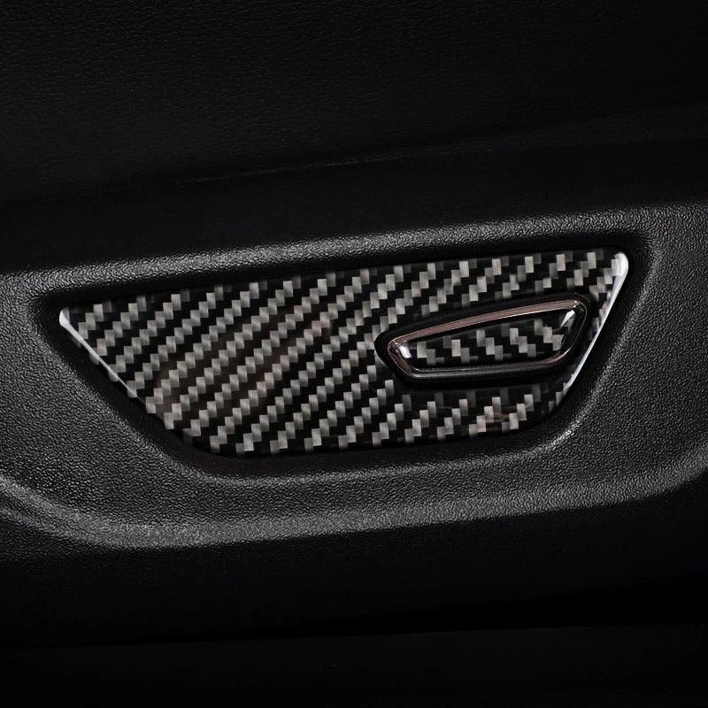 Mustang 2015-2023 Real Carbon Fiber Seat Adjuster Button Trim Overlay - carbonaddons Carbon Fiber Parts, Accessories, Upgrades, Mods