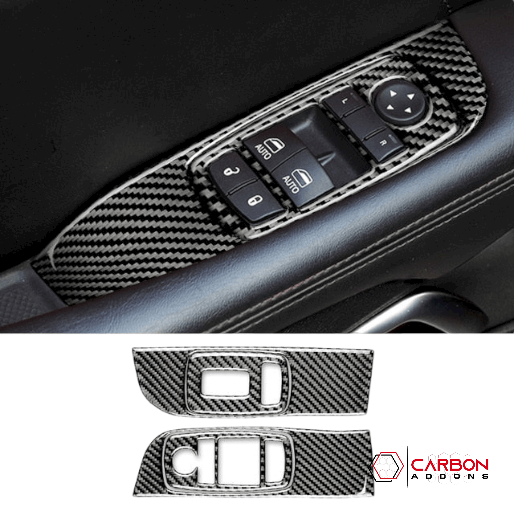 Real Carbon Fiber Window Control Trim Overlay for Dodge Challenger 2015-2023 - carbonaddons Carbon Fiber Parts, Accessories, Upgrades, Mods