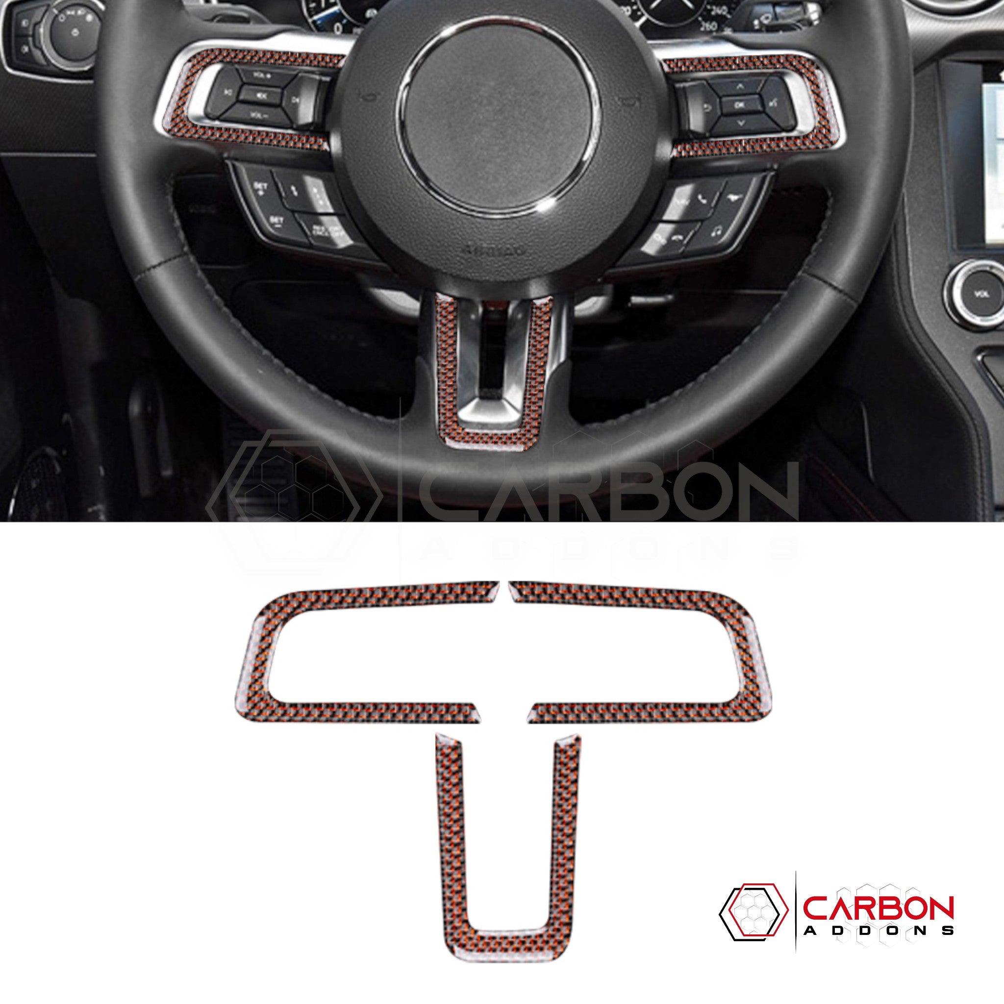 2015-2023 Mustang Reflective Carbon Fiber Steering Wheel Chrome Trim Overlay