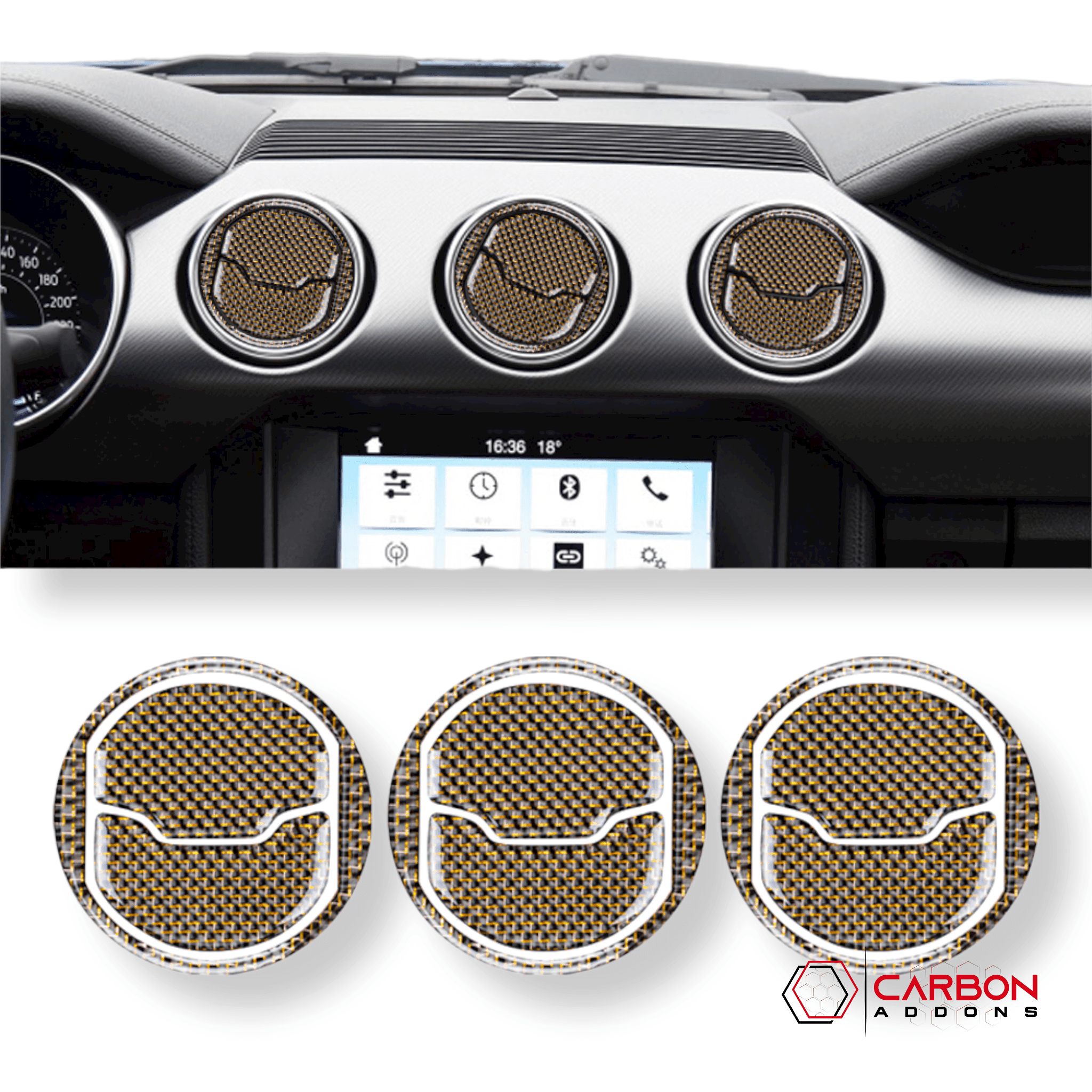 Reflective Carbon Fiber Center Air Vent Outlet Trim Overlay for Ford Mustang 2015-2023 - carbonaddons Carbon Fiber Parts, Accessories, Upgrades, Mods