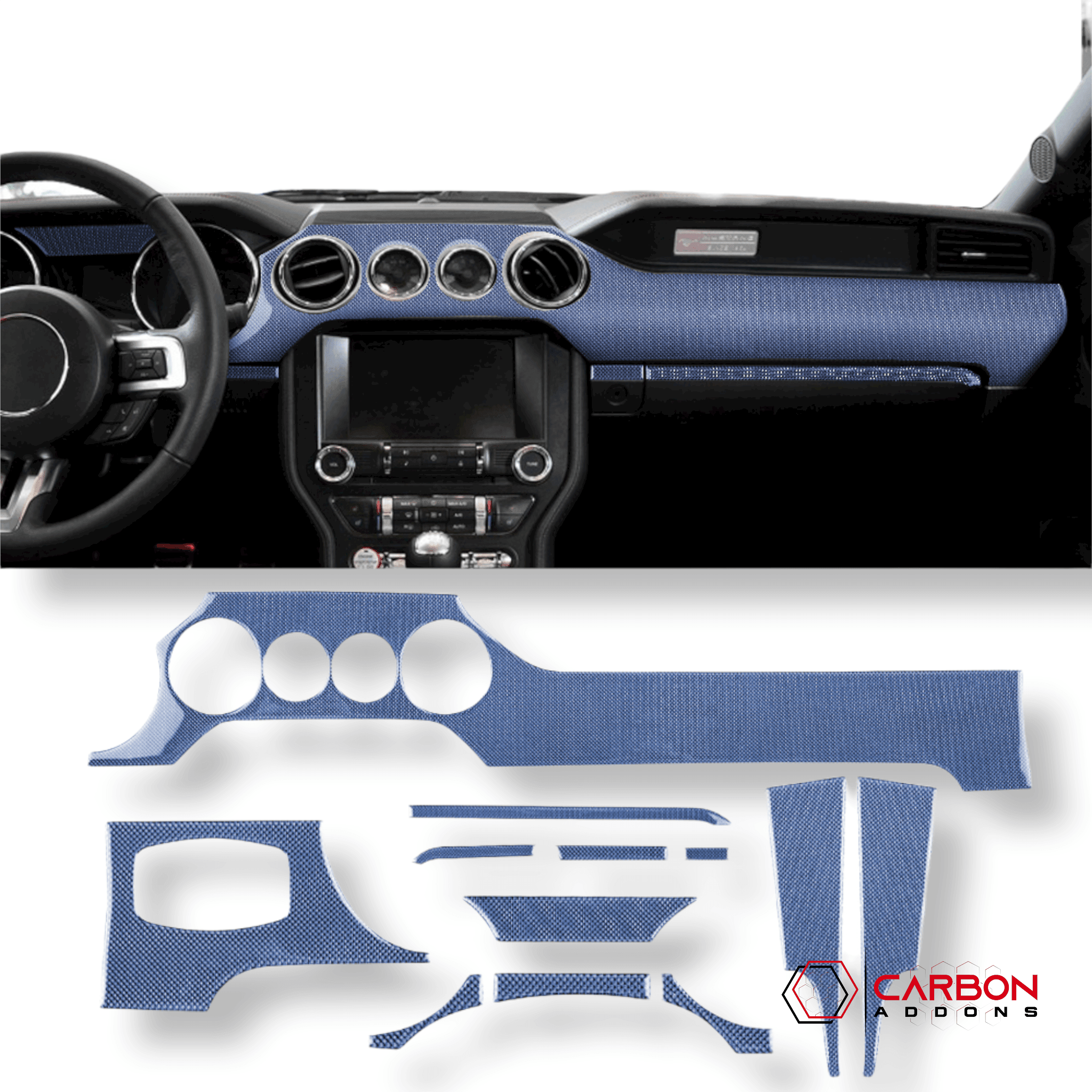 Reflective Carbon Fiber Full Dashboard Set for Ford Mustang 2015-2023 - carbonaddons Carbon Fiber Parts, Accessories, Upgrades, Mods