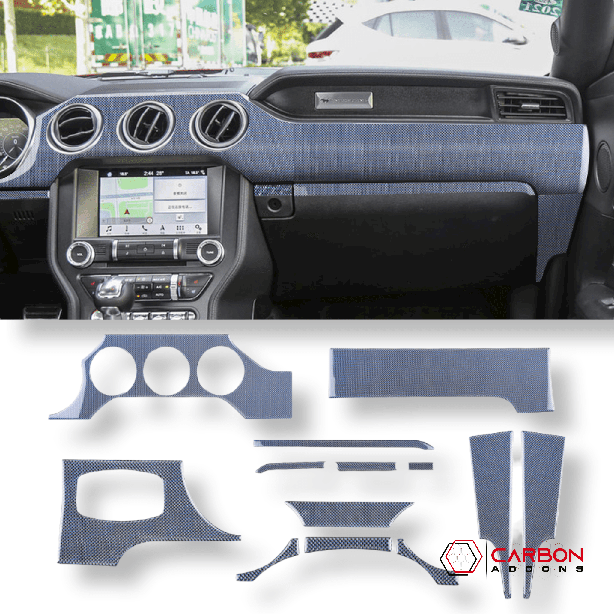Reflective Carbon Fiber Full Dashboard Set for Ford Mustang 2015-2023 - carbonaddons Carbon Fiber Parts, Accessories, Upgrades, Mods