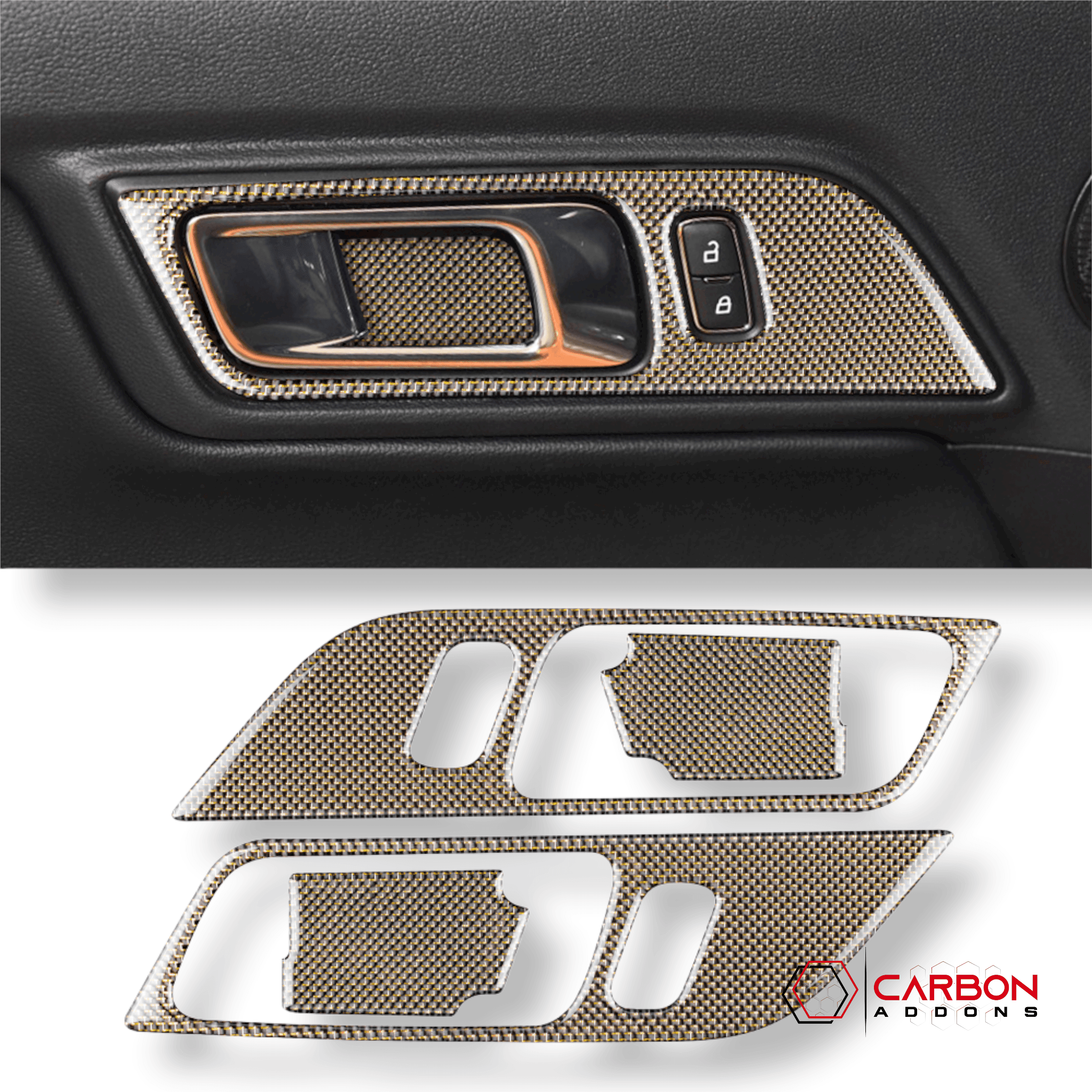 Reflective Carbon Fiber Interior Door Handle Trim Overlay for Ford Mustang  2015-2023