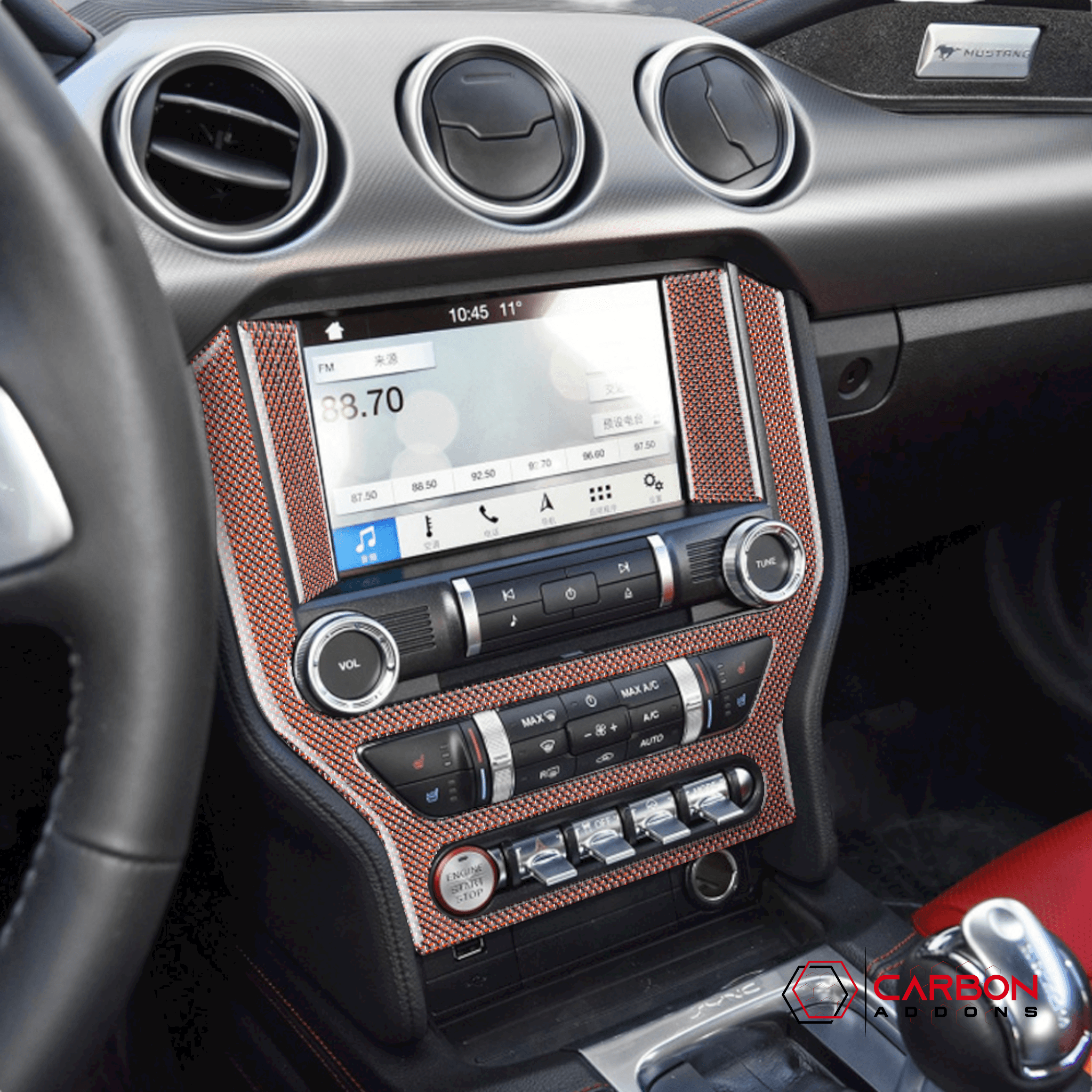 Reflective Carbon Fiber Multimedia Radio Trim Overlay for Ford Mustang 2015-2023 - carbonaddons Carbon Fiber Parts, Accessories, Upgrades, Mods
