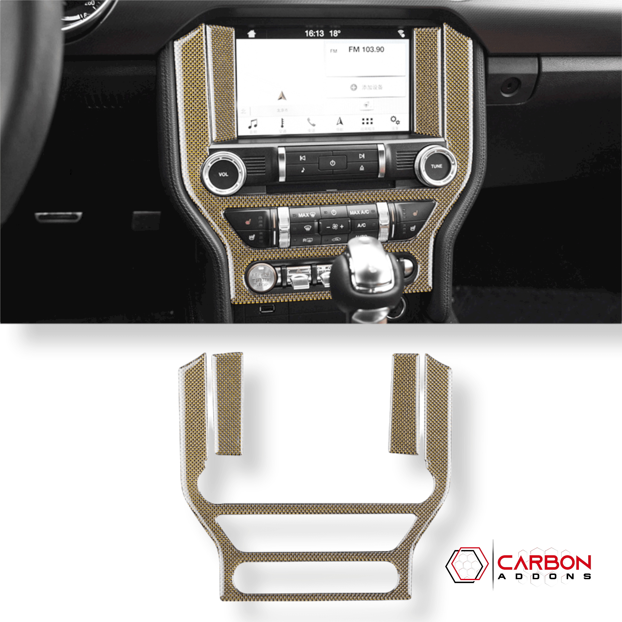 Reflective Carbon Fiber Multimedia Radio Trim Overlay for Ford Mustang 2015-2023 - carbonaddons Carbon Fiber Parts, Accessories, Upgrades, Mods