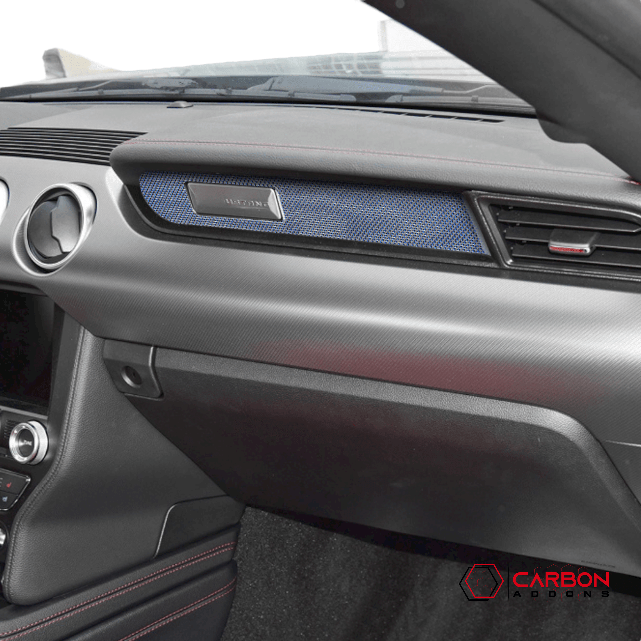 Reflective Carbon Fiber Passenger Dashboard Emblem Trim Overlay for Ford Mustang 2015-2023 - carbonaddons Carbon Fiber Parts, Accessories, Upgrades, Mods