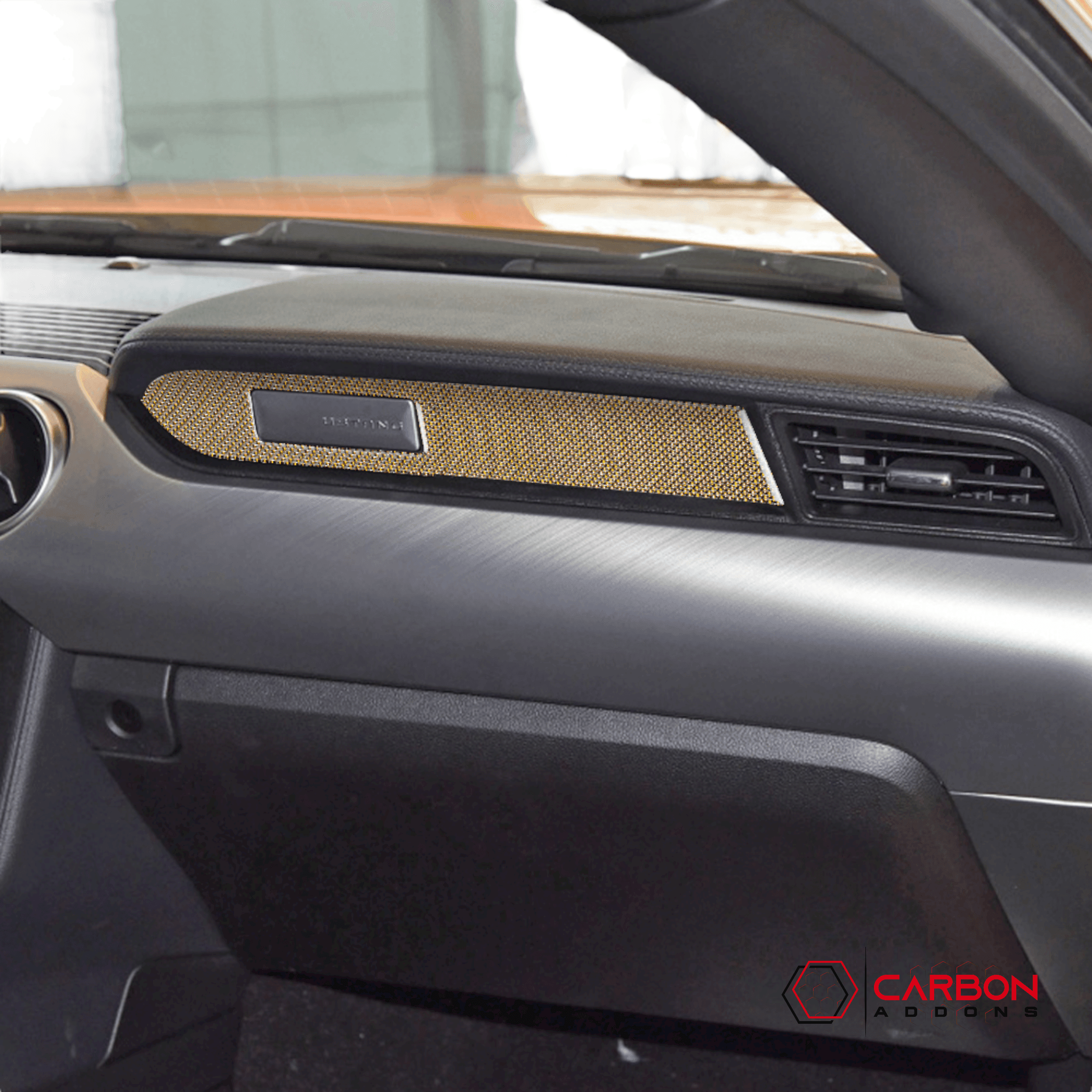 Reflective Carbon Fiber Passenger Dashboard Emblem Trim Overlay for Ford Mustang 2015-2023 - carbonaddons Carbon Fiber Parts, Accessories, Upgrades, Mods